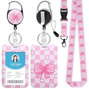 Imagem de Soleebee Porta-crachá de identificação com cordão, emblemas de identificação com laço quadrado rosa fofo e cordão destacável, chaveiro retrátil, carretel de crachá resistente para enfermeiras