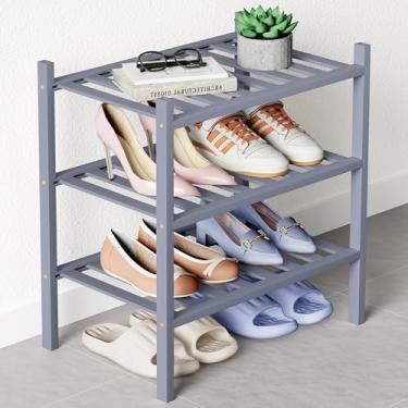 Imagem de Smiry Sapateira de bambu para armário, organizador de sapatos empilhável de madeira pequeno de 3 níveis, prateleira de armazenamento de sapatos de pé livre para entrada, entrada da porta da frente