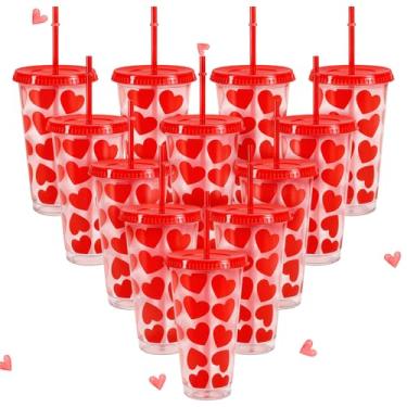 Imagem de FYSUIMU 12 peças de copos de plástico coração dia dos namorados com tampas canudos copos reutilizáveis 680.4 g vermelho amor coração transparente caneca de viagem copos para café gelado bebidas