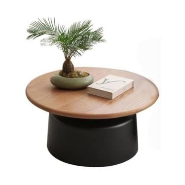 Imagem de Mesa de centro redonda, conjunto de 2 mesas de nidificação com acabamento de madeira em estilo creme, mesa de cabeceira lateral de sofá para quarto, base de aço carbono, madeira, preto, G