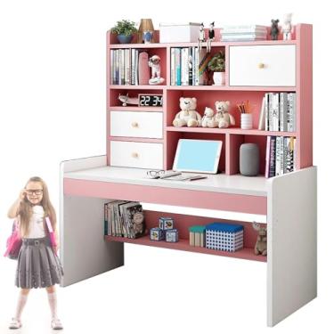 Imagem de Escrivaninha multifuncional com prateleiras de armazenamento e 2 gavetas, mesa de computador altura ajustável 65 ~ 75 cm, mesa de escritório em casa, estação de trabalho, economia de espaço, azul