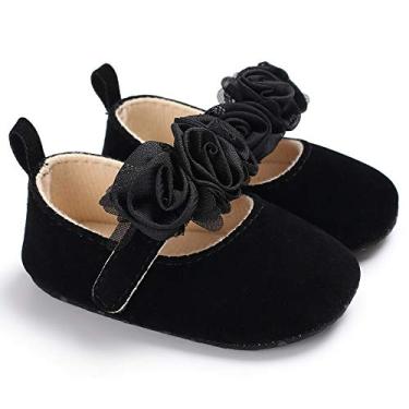 Imagem de Sapatos para bebês meninas Mary Jane vestido flor rasteiras recém-nascido antiderrapante sola macia primeiros sapatos de caminhada 0-18 meses, Preto, 4.5-5 Infant