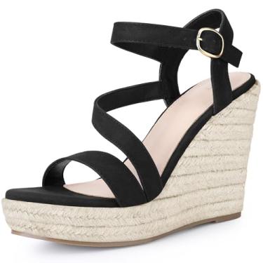 Imagem de Allegra K Sandália feminina plataforma plataforma tira no tornozelo salto aberto fivela sandálias, Preto, 38