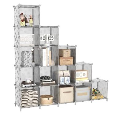 Imagem de UNKU Estante de prateleira aberta, organizador de armazenamento de 15 cubos, prateleira de exibição de 30 cm para CDs de livros, estante de livros DIY, prateleira de armazenamento ajustável para