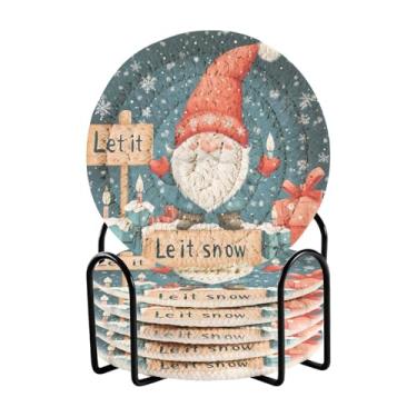 Imagem de Blueangle 6 peças de porta-copos fofos de gnomo de Natal para bebidas, porta-copos de tecido redondo super absorvente para mesa de café, proteção de mesa para decoração de casa (218)