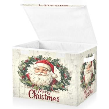 Imagem de Blueangle Caixas de armazenamento de Papai Noel de Natal com tampas, 42 x 32 x 30 cm, grande cesta organizadora dobrável para decoração de escritório e armário (192)