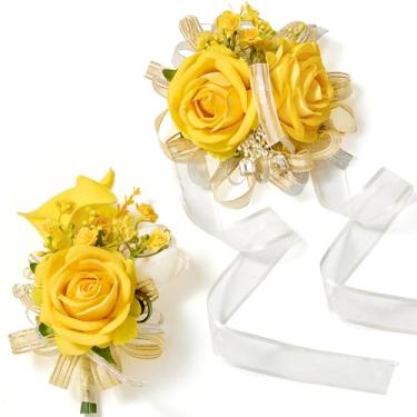 Imagem de Serwalin Conjunto de corpete amarelo e flor na lapela, flor de pulso artificial de lírio de calla rosa, corpete de pulso para baile, baile, casamento, acessórios de flores para festas e decorações de