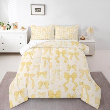 Imagem de Feelyou Conjunto de cama com laço em aquarela para crianças, meninos, meninas, fofo, amarelo, laço, edredom e edredom para decoração de quarto, respirável, microfibra macia, estilo princesa sonhadora,