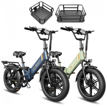 Imagem de Kit 2 bicicletas elétricas dobráveis Jasion X-Hunter ST azul e verde cestos pneus 20x4 motor 750W pico 1400W bateria 48V 13Ah 70 km 110V