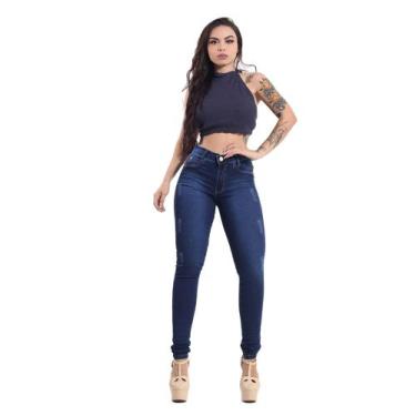 Imagem de Calça Skinny Feminina Jeans Com Licra Cintura Alta Azul Marinho Stone