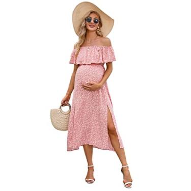 Imagem de Vestido de maternidade feminino, tomara que caia, tomara que caia, evasê, casual, maxi vestido fotográfico para chá de bebê, Rosa vermelho floral, P