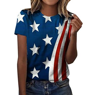 Imagem de Camisetas femininas 4th of July Summer American Flag Stars Stripes Tops Red White Blue Patriotic Tees Blusa de manga curta, Azul, G
