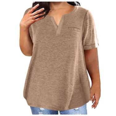 Imagem de Camisetas femininas de verão soltas de linho de algodão para mulheres, gola V, camisetas grandes de manga curta para mulheres, Cáqui, 4G