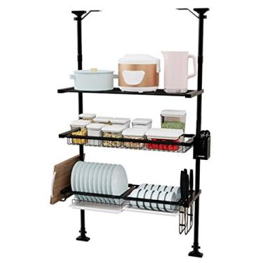 Imagem de Escorredor de louças pendurado sobre a pia, escorredor de pratos ajustável em altura entre armário e bancada resistente economia de espaço prateleira de armazenamento de suprimentos de cozinha, aço