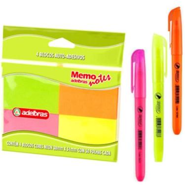 Imagem de Bloco Adesivo Post-it memo 38x50 + 3 Marca texto Colorido - Adelbras /