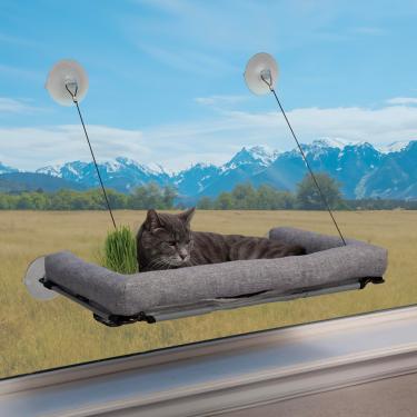 Imagem de K&H Pet Products EZ Mount Poleiro de janela de luxo reforçado para gatinho com estação de cultivo de grama de gato - Cama de janela de rede para animais de estimação internos, brinquedos para gatos