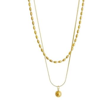 Imagem de Dark Water Collections Colar de aço inoxidável banhado a ouro amarelo 18K com corrente de contas de 40,6 cm pingente de bola feminina presente, Aço inoxidável Gema, Sem Pedra Preciosa