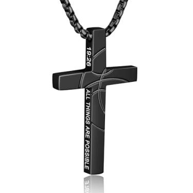 Imagem de WINFY Colar de cruz de basquete para meninos e homens, pingente de cruz cristã, versículo bíblico, corrente de aço inoxidável, 50 + 5 cm, joia de basquete, presente religioso para homens, Aço