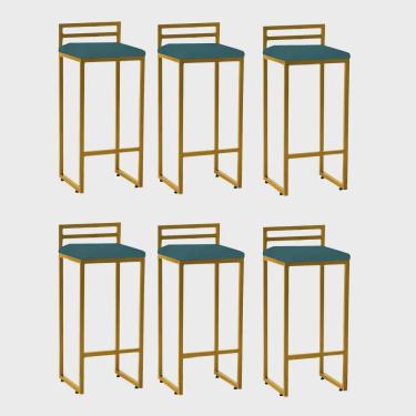 Imagem de Kit 06 Banqueta Alta Com Encosto Petra Balcão Bar Cozinha Bistrô Ferro Dourado Suede Azul Turquesa - Ahz Móveis