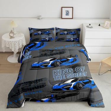 Imagem de jejeloiu Conjunto de cama solteiro de carro de corrida azul, esportes radicais, conjunto de edredom para crianças, meninos e meninas, amarelo e cinza, conjunto de edredom King of the Street, 2 peças