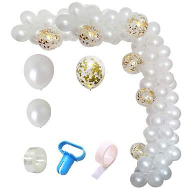 Imagem de Kit de arcos e guirlanda de balões, conjunto de 113 peças de decoração de balões brancos de festa, balões de confete dourados e balões de látex brancos para chá de bebê, casamento, aniversário, formatura, festa orgânica de aniversário