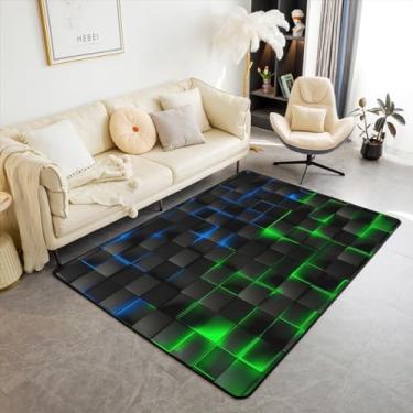 Imagem de Feelyou Tapete de área verde, azul e preto, conjunto de carpete decorativo geométrico claro para meninos, adolescentes, geometria, sala de estar, estilo moderno, tapete para decoração de quarto
