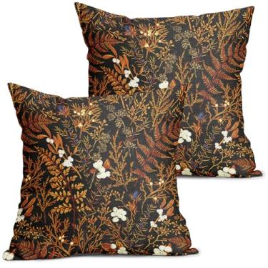 Imagem de Capas de travesseiro de planta laranja queimada 45,7 x 45,7 cm outono botânico folhas de samambaia decorativas preto outono vintage conjunto de 2 almofadas sazonais casa de fazenda decoração de casa