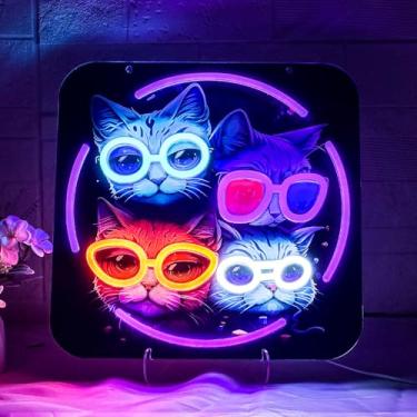 Imagem de FRIFUN Placa neon de gato, luzes de néon de LED, gato legal com óculos para decoração de parede, alimentado por USB com interruptor regulável, perfeito para objetos legais, salas de jogos, bar, café