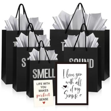 Imagem de Kolldenn 5 sacos de presente 5 sentidos para ele ou ela, sacos Five Senses com alças, papel de seda, envelope kraft, cartão de felicitações para aniversário, casamento, aniversário, presente DIY