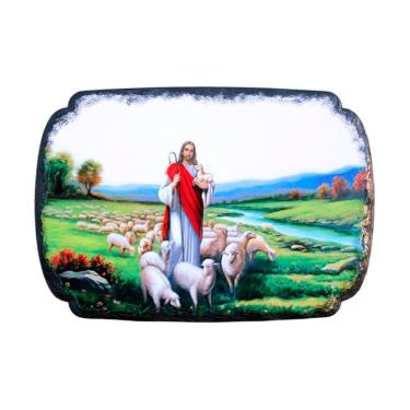 Imagem de Quadro Mesa Colecionável Jesus Cristo Ovelhas Campo 20x14cm