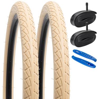 Imagem de YUNSCM 2 peças de pneus de bicicleta bege de 66 cm 26 x 2,10/54-559 e 66 cm válvula Schrader compatível com bicicleta de estrada 26 x 2,0 26 x 2,10 26 x 2,10 26 x 2,125 pneus e tubos de bicicleta (Y