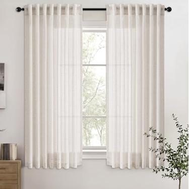 Imagem de Cortinas de linho com filtro de luz branca natural, 137 cm de comprimento, conjunto de 2 painéis, bolso traseiro, semitransparentes, privacidade aprimorada, cortinas curtas para cozinha, café, fazenda