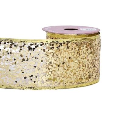 Imagem de YAMA Fita dourada para embrulho de presente 6,5 cm 10 metros com glitter diamante borda fita para arcos de árvore de Natal, fazer grinaldas, decoração de casa, artesanato faça você mesmo