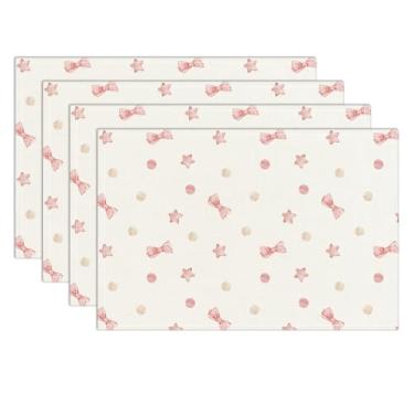 Imagem de Conjunto de 4 tapetes de mesa de estrela com laço rosa à prova d'água, jogo americano lavável, tapetes antiderrapantes resistentes ao calor para decoração interna e externa, decoração de jantar