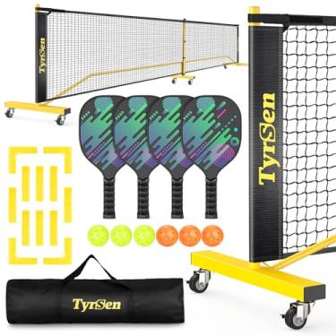 Imagem de TYRSEN Conjunto de rede Pickleball – rede de 22 pés sobre rodas, 4 pás, 6 bolas, 12 marcadores de quadra, 1 bolsa, jogo interno/externo