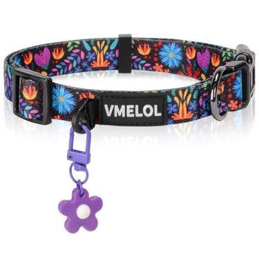 Imagem de VMELOL Coleira de cachorro para cães pequeno-médio-grande - Lindos padrões florais distintivos amovíveis pingentes de coleira de flores e sinos para meninas meninos e cachorros (roxo floral, grande)