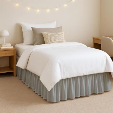 Imagem de Saia para cama para dormitório, saia para cama de tamanho de dormitório com babados, saia para cama com três lados de tecido, saia para cama de dormitório para faculdade, saia para cama de dormitório extra longa, saia para cama de 81 cm sob medida para pendurar entre dois e três anos, cinza claro li