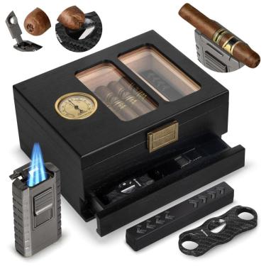 Imagem de Umidor de Cedro para Charutos Usewire, 20-35 Charutos, Higrômetro, Isqueiro e Cortador de Charuto, Ideal para Presentear com Elegância