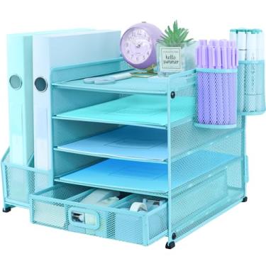 Imagem de TSDRBWO Porta-arquivo organizador de mesa com 2 porta-canetas, organizador de bandeja de papel de 5 camadas com gaveta, armazenamento de mesa de malha com suporte de revista para material de