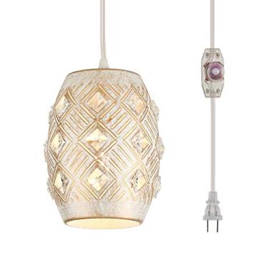 Imagem de YLONG-ZS Luminária suspensa com luzes pendentes plugadas com cordão de 16 pés e corrente/pingente de suspensão interruptor de regulador ligar/desligar em linha para a ilha da cozinha, sala de jantar, entrada (branco e cristal)