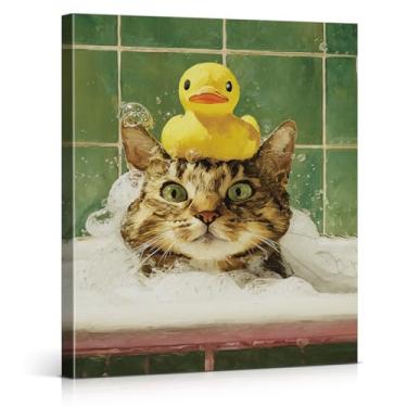 Imagem de Impressões de arte de parede de gato de pato de borracha engraçadas gato fofo na banheira imagens arte estética decoração de parede para banheiro banheiro 20 x 25 centímetros emoldurado
