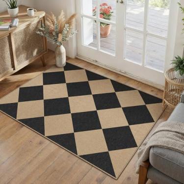 Imagem de PureCozy Capacho frontal de cozinha quadriculado fácil de juta 2x3, antiderrapante, lavável, tapete de área neutra diamante, não derrama, tapete preto quadriculado para entrada de casa de fazenda