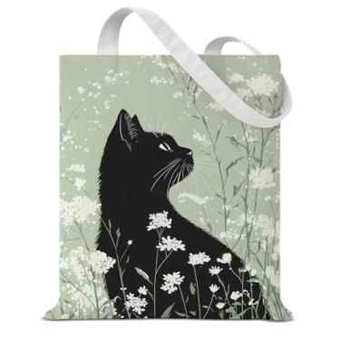 Imagem de Sacola de lona floral de gato para mulheres, estampa de gato em flores, reutilizável, bolsa de ombro para compras, trabalho, viagem, dono de animal de estimação, presentes