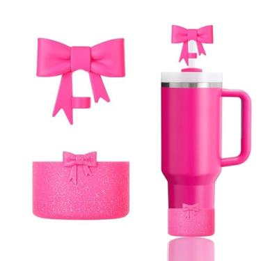 Imagem de Conjunto de acessórios Stanley Cup incluindo 1 peça de botas de silicone com glitter para StanleyCup 1,134 g e copo de 850 g, 1 peça de cobertura de canudo de laço para StanleyStraw de 10 mm (rosa