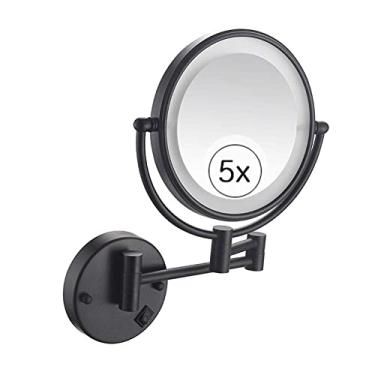 Imagem de Espelho de maquiagem de parede iluminado LED dupla face com ampliação de 5x, espelho giratório de 360° espelho de extensão de cosméticos para banheiro 20 cm preto, carregamento 5x