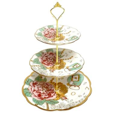 Imagem de Suporte de sobremesa de cupcake branco e rosa de 33,5 cm, 3 camadas, salgadinhos, biscoitos, aperitivos de frutas, travessas em camadas, bandeja de servir para chá, chá de panela, evento de casamento