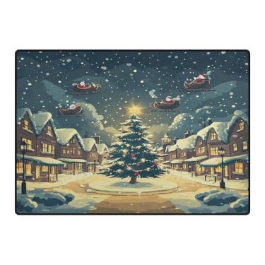Imagem de Blueangle Tapetes laváveis de Natal 12 x 16,7 cm para sala de estar - Tapete ultramacio antiderrapante resistente a manchas com desenho animado de cidade na neve, decoração de férias para quarto e