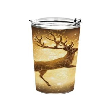 Imagem de Blueangle Copo de 340 g com tampa e canudo, copo de café com água isolada a vácuo de aço inoxidável, caneca de viagem Golden Deer copo térmico para bebidas quentes e frias (717)
