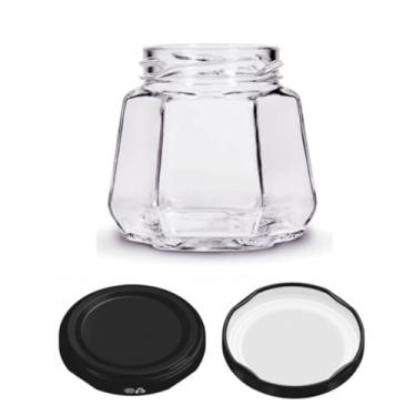 Imagem de Kit 5 unidades - Pote de vidro Sextavado - 230 ml - Tampa Preta