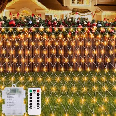 Imagem de Cortina de rede de 100 LEDs, cordão de luz de fada, luz branca quente alimentada por bateria, 8 modos, temporizador remoto, regulável, jardim, pátio, malha, iluminação para arbusto, convés, parede, festa, casamento, Natal, decoração (1,5 m x 1,5 m)